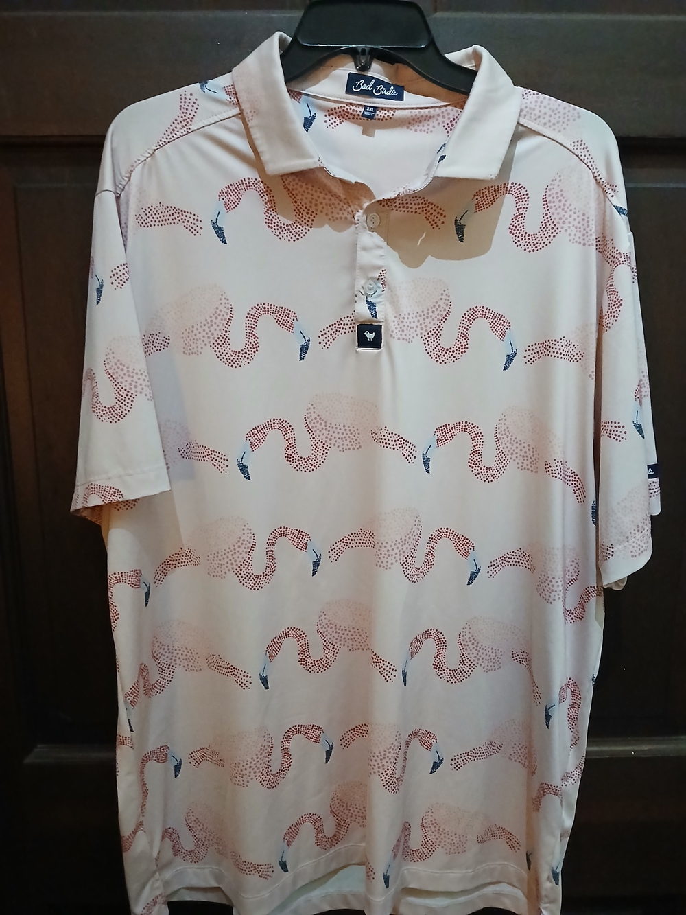 Men’s Bad Birdie Light Pink Golf Polo with Flamingos Pattern Size 2XL
